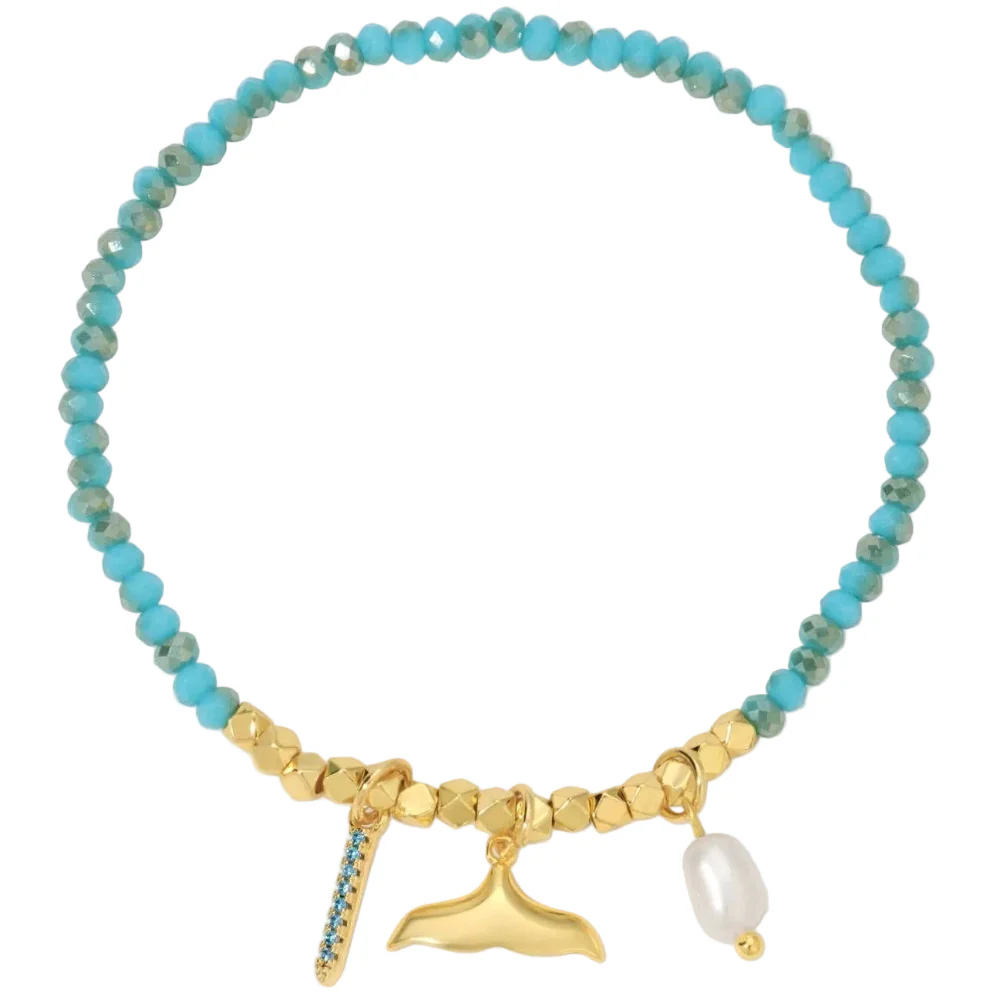 Splendid Iris Whale Tail Glass Crystal & Gold Charm Stretch Bracelet