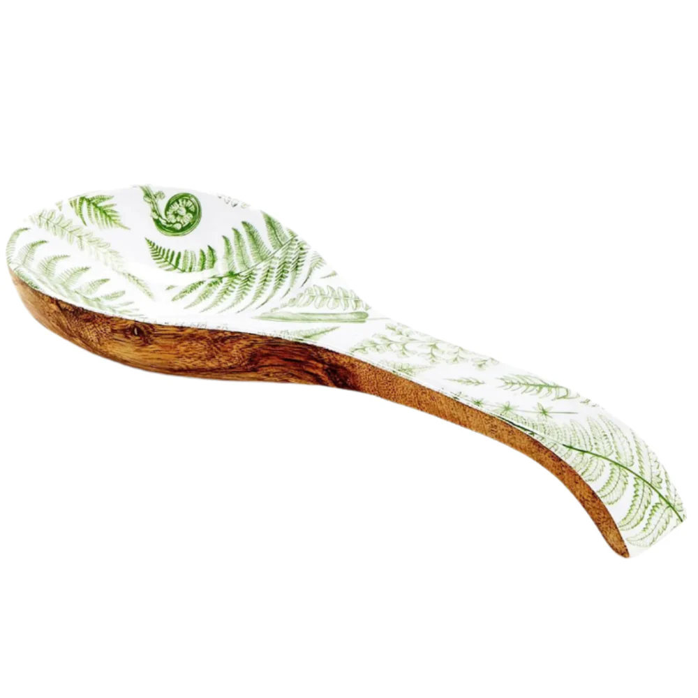 Hand-Crafted Lacquered Mango Wood Spoon Rest (Fern Pattern) - 10"