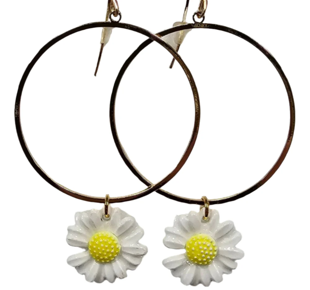 Pink Panache White Daisy Charm Hoop Earrings