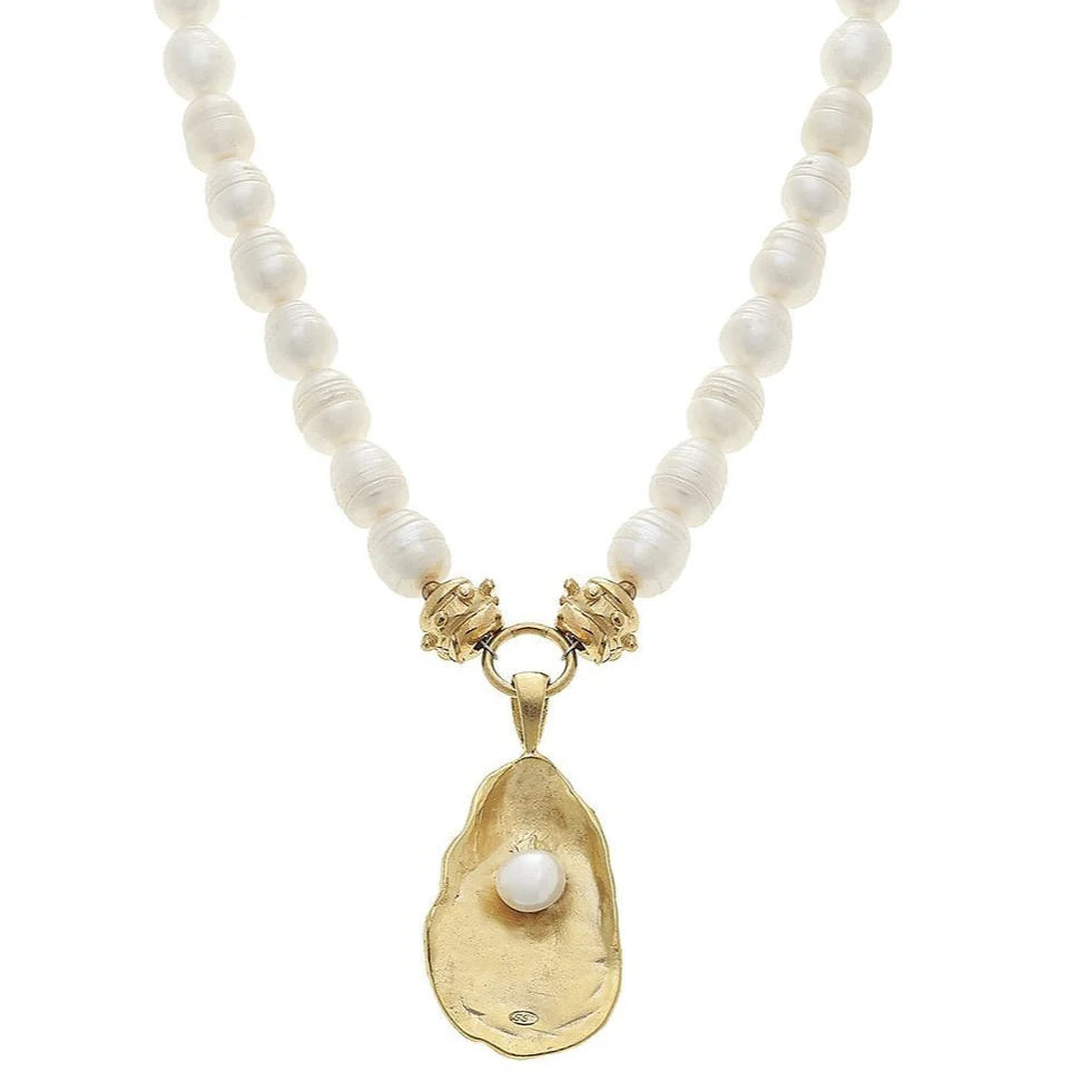 Susan Shaw Gold Oyster Shell & Pearls Necklace