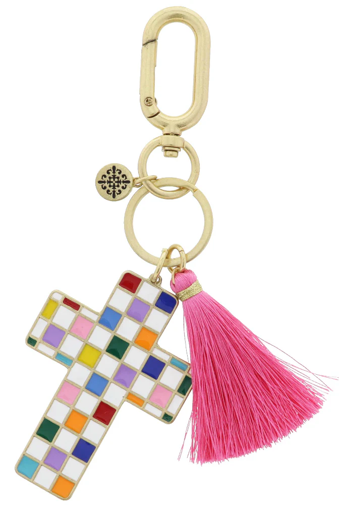Jane Marie Checkered Cross & Tassel Keychain