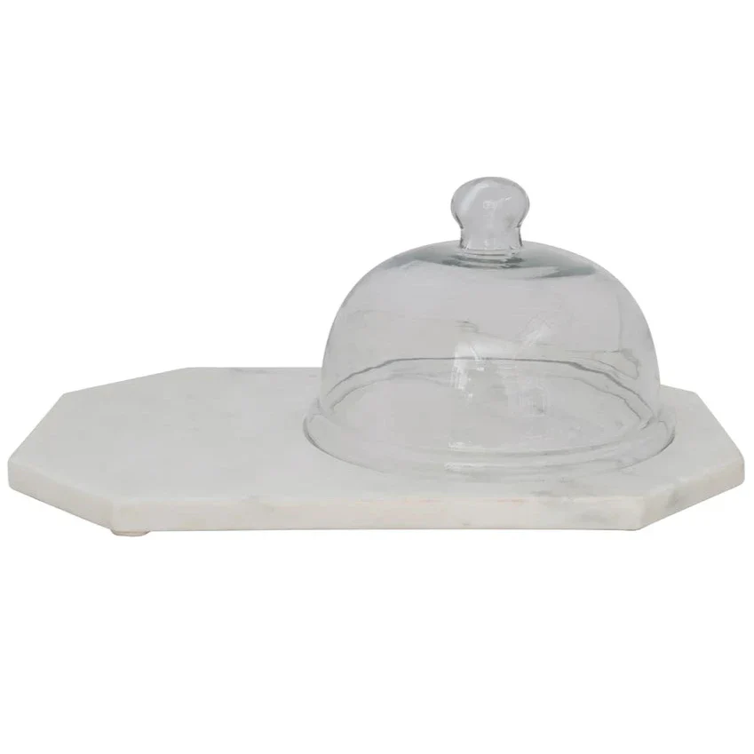 White Marble Serving Tray w/ Glass Cloche - 10" x 15"