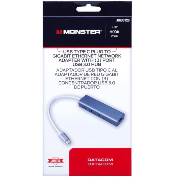 Monster USB-C Ethernet Adapter & 3-Port USB 3.0 Hub Combo