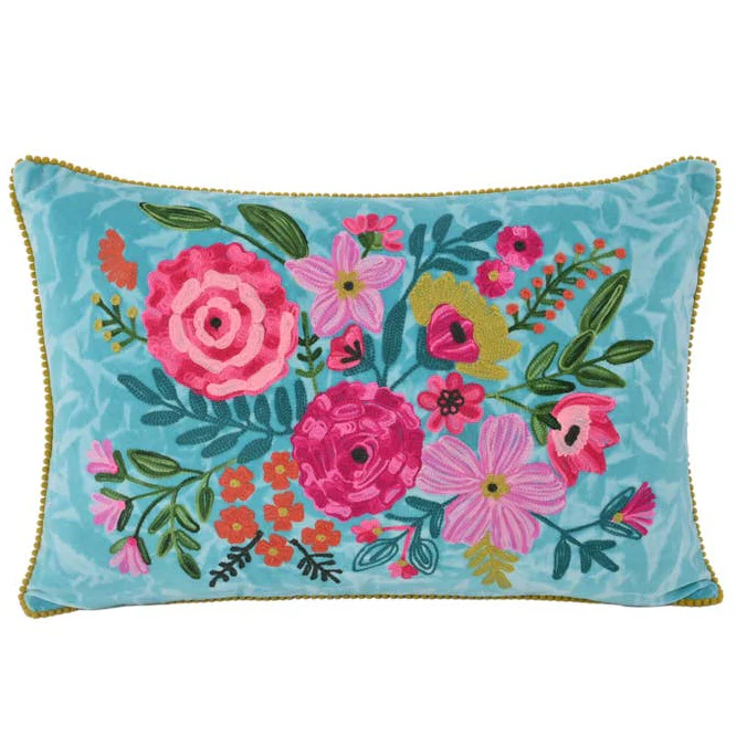 Karma Embroidered Blue Velvet Floral Cotton Lumbar Pillow - 16" x 24"