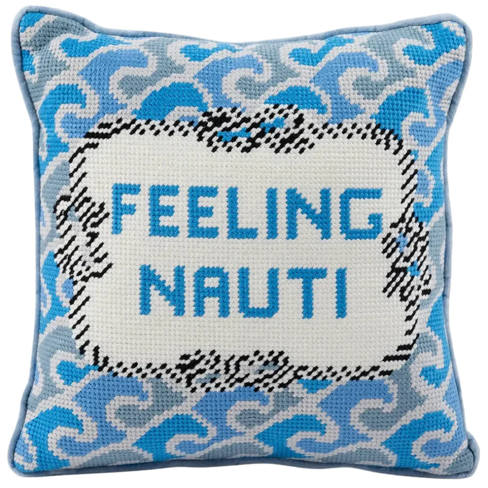 Furbish Cotton Needlepoint "Feeling Nauti" Statement Pillow - 11" x 11"