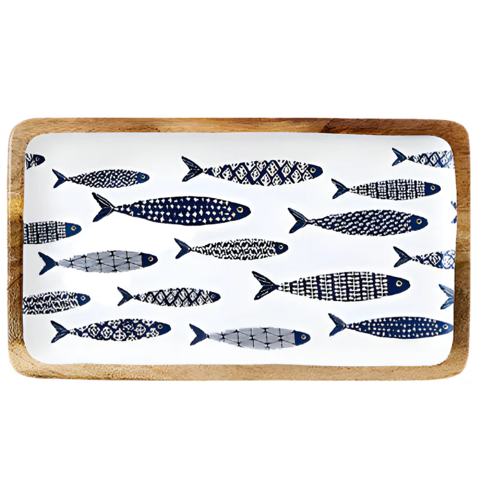 Navy & White Enameled Fish School Tray - 7" x 14"